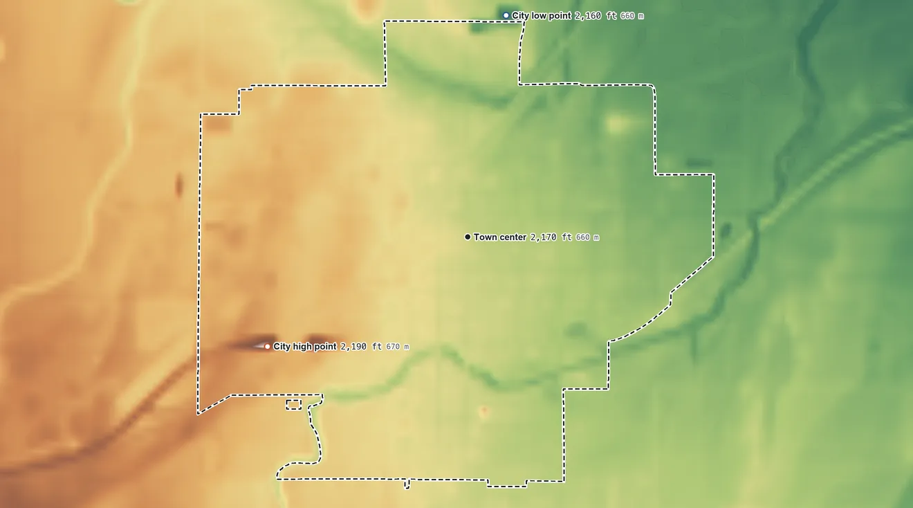 Topographic elevation map of Kinsley, Kansas, shaded from 2,160 ft on the north side to 2,190 ft on the southwest side