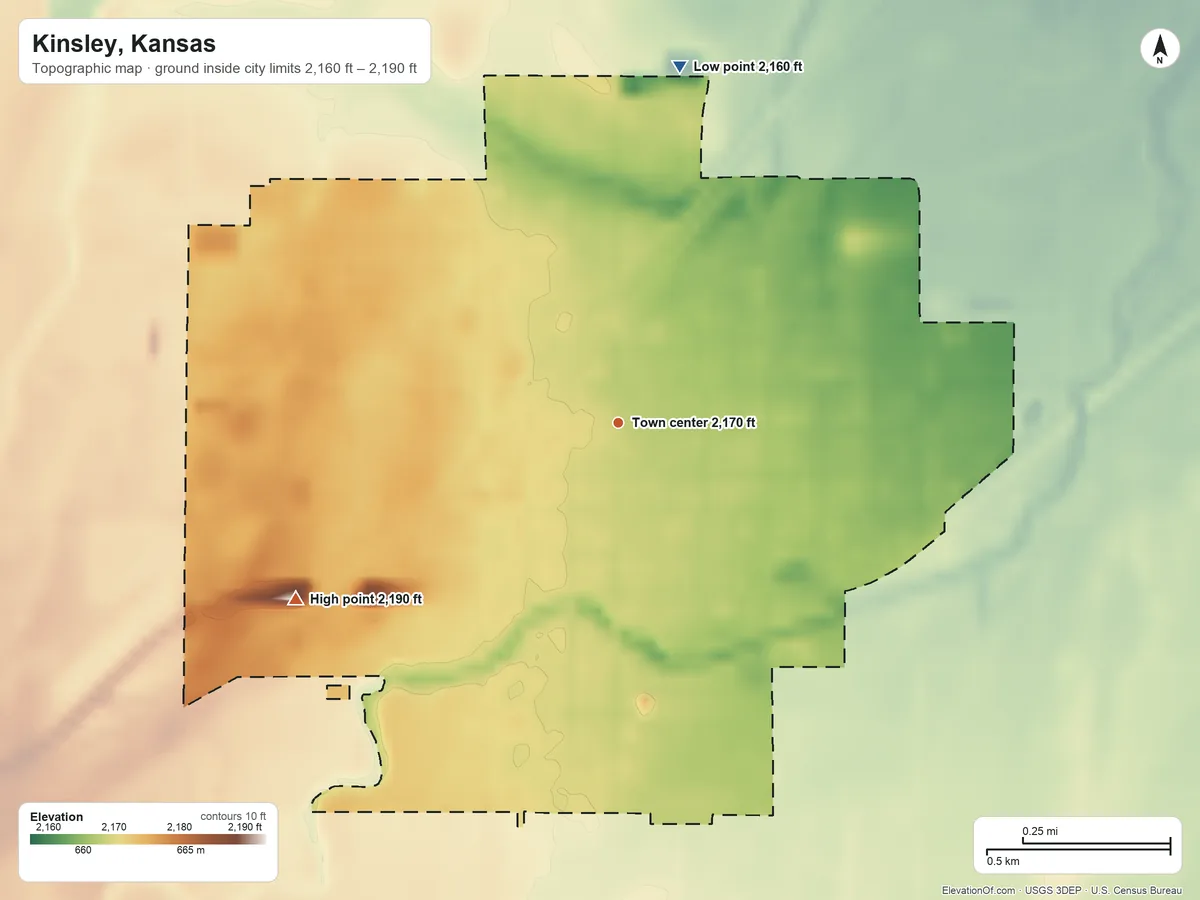 Topographic elevation map of Kinsley, Kansas, shaded from 2,160 ft on the north side to 2,190 ft on the southwest side