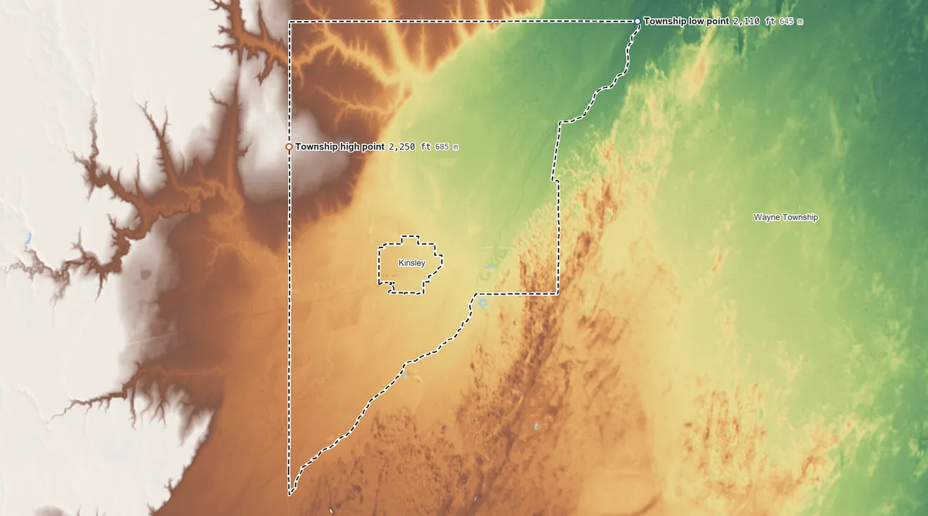 Topographic elevation map of Kinsley Township, Kansas, shaded from 2,110 ft on the northeast side to 2,250 ft on the northwest side