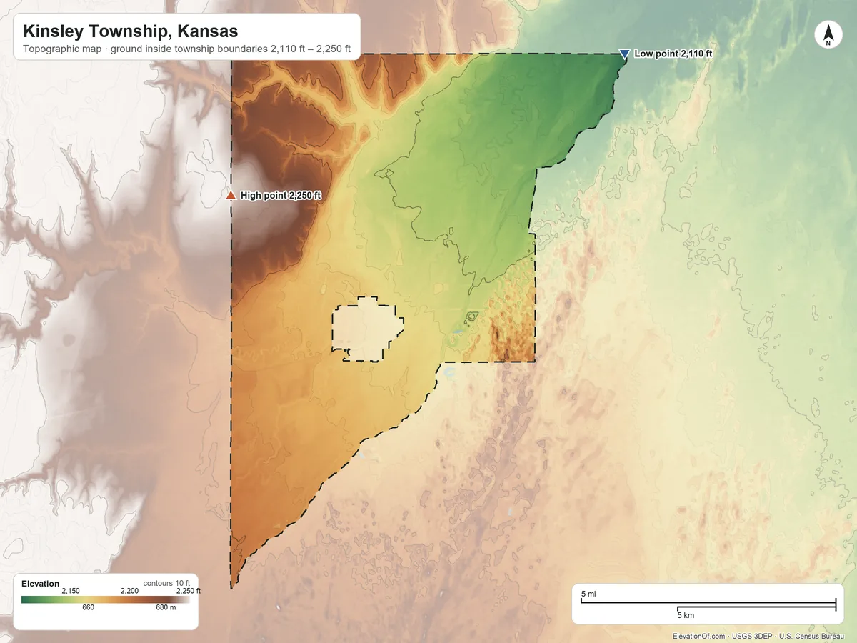 Topographic elevation map of Kinsley Township, Kansas, shaded from 2,110 ft on the northeast side to 2,250 ft on the northwest side