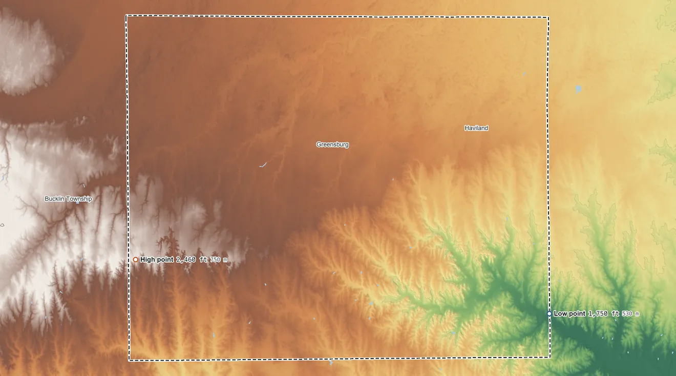 Topographic elevation map of Kiowa County, Kansas, shaded from 1,750 ft on the southeast side to 2,460 ft on the west side
