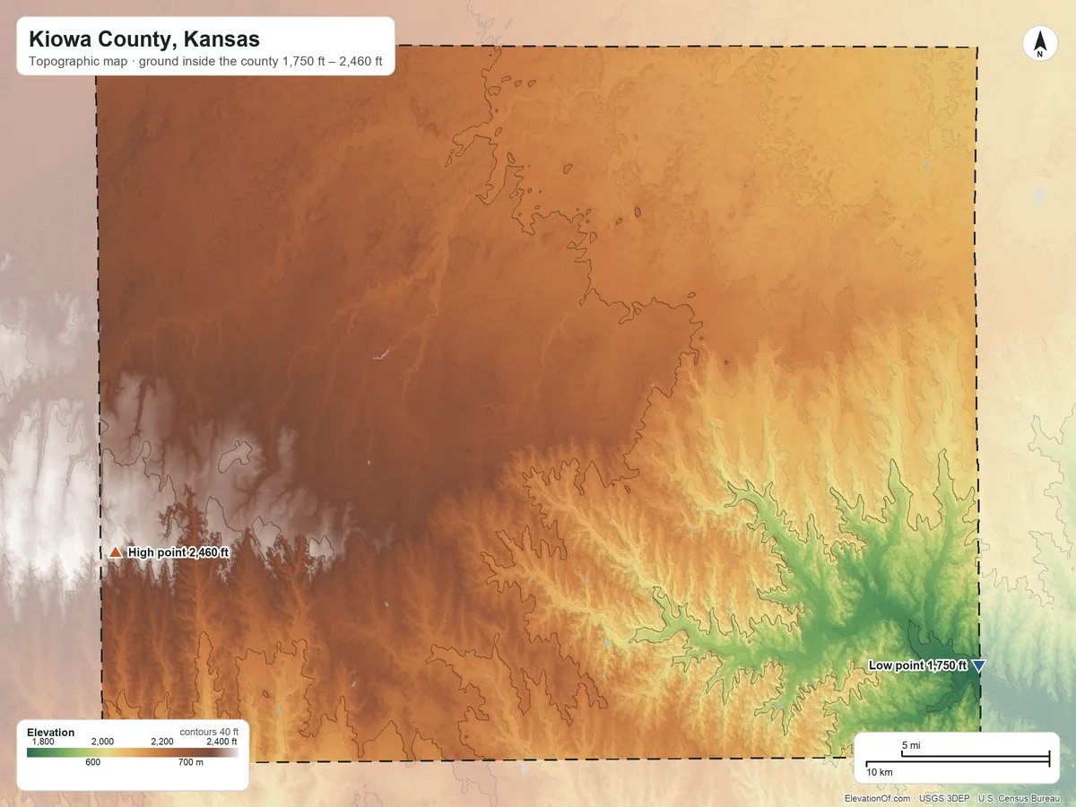 Topographic elevation map of Kiowa County, Kansas, shaded from 1,750 ft on the southeast side to 2,460 ft on the west side