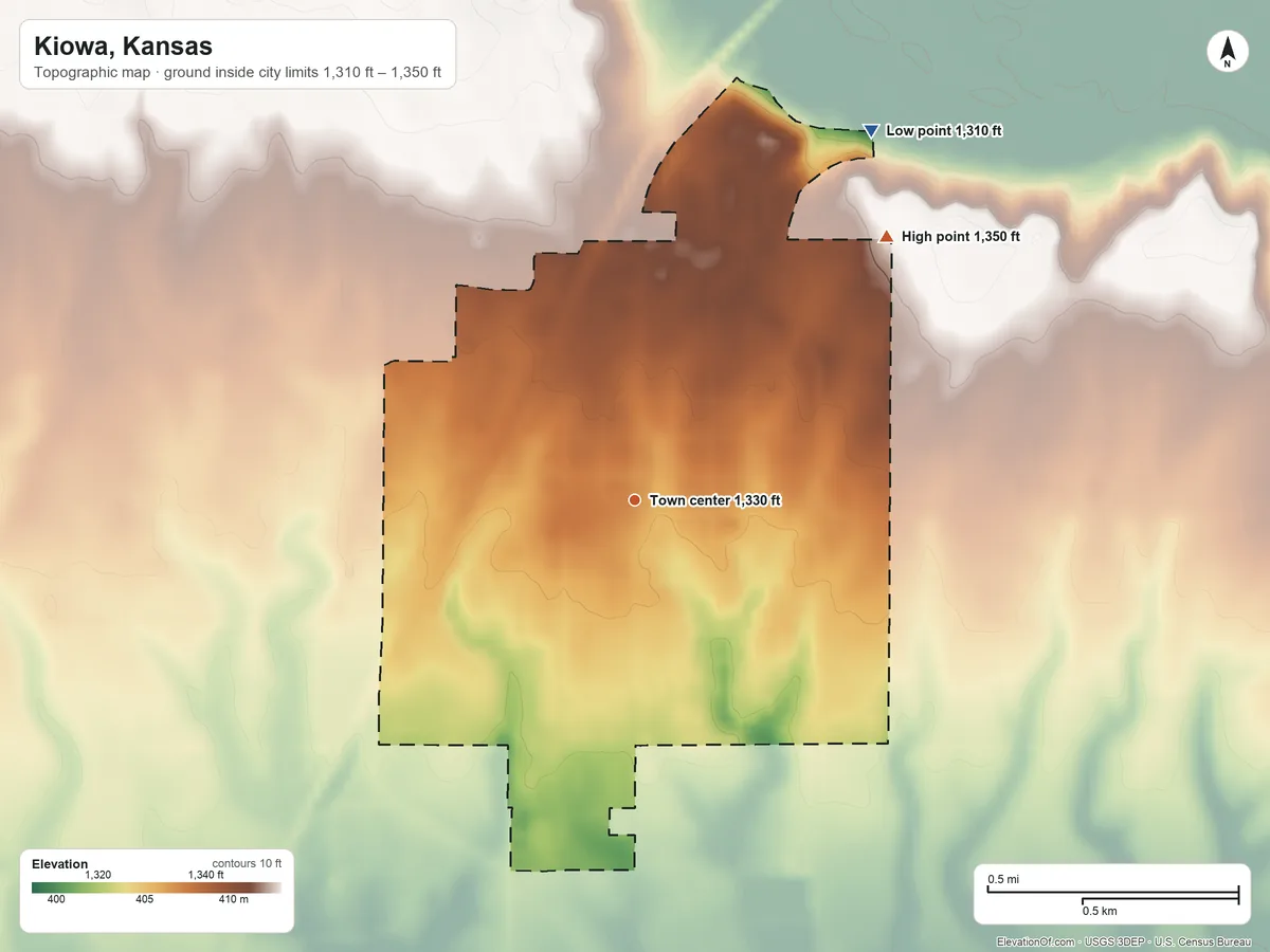 Topographic elevation map of Kiowa, Kansas, shaded from 1,310 ft on the northeast side to 1,350 ft on the northeast side