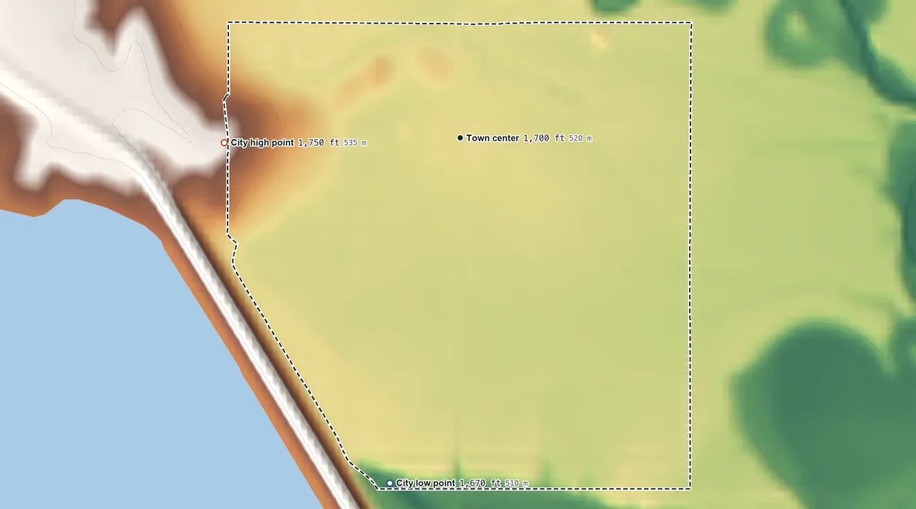 Topographic elevation map of Kirwin, Kansas, shaded from 1,670 ft on the south side to 1,750 ft on the west side