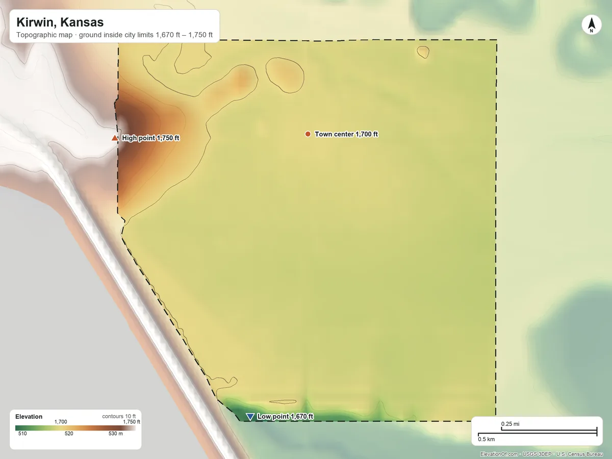 Topographic elevation map of Kirwin, Kansas, shaded from 1,670 ft on the south side to 1,750 ft on the west side