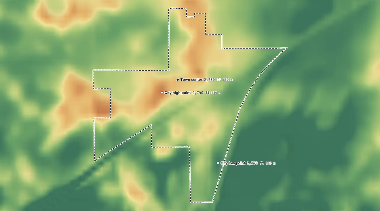 Topographic elevation map of Kismet, Kansas, shaded from 2,770 ft on the southeast side to 2,790 ft near the middle