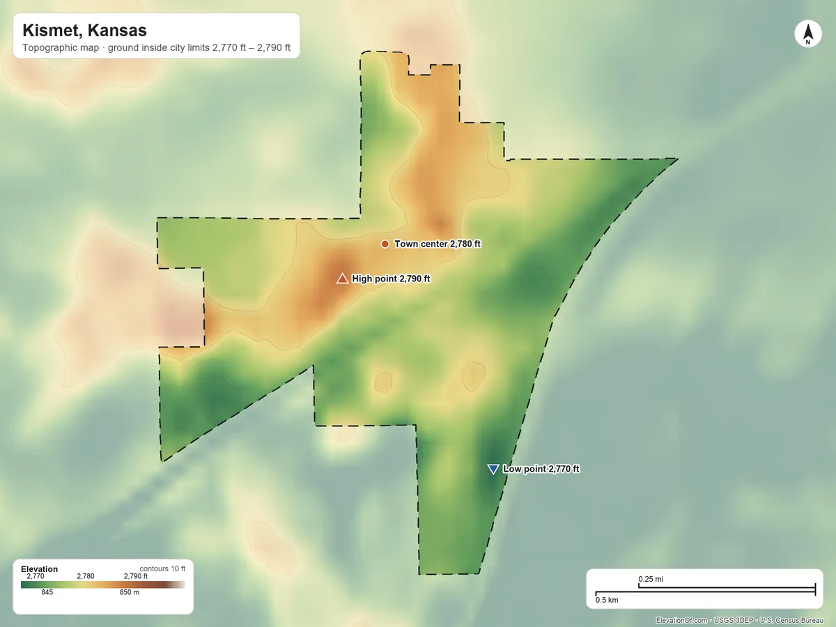 Topographic elevation map of Kismet, Kansas, shaded from 2,770 ft on the southeast side to 2,790 ft near the middle