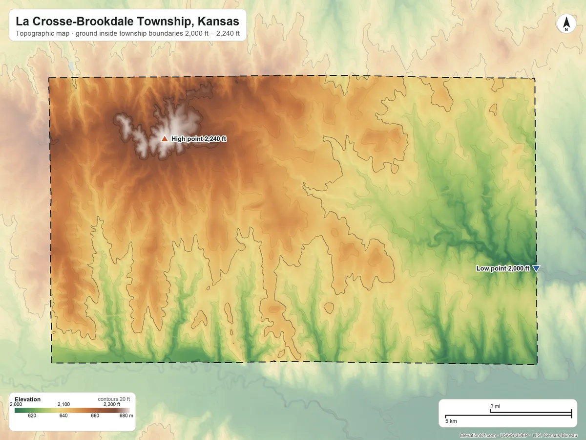 Topographic elevation map of La Crosse-Brookdale Township, Kansas, shaded from 2,000 ft on the southeast side to 2,240 ft on the west side