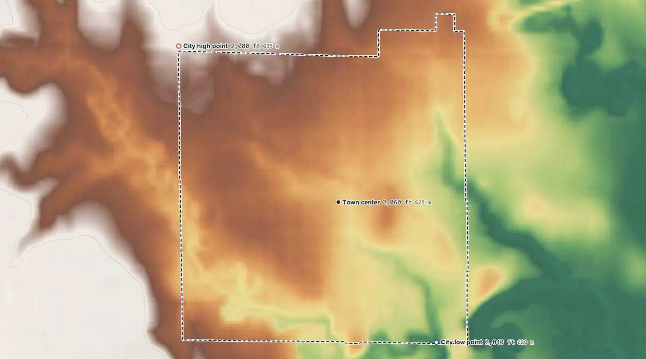 Topographic elevation map of La Crosse, Kansas, shaded from 2,040 ft on the southeast side to 2,080 ft on the northwest side