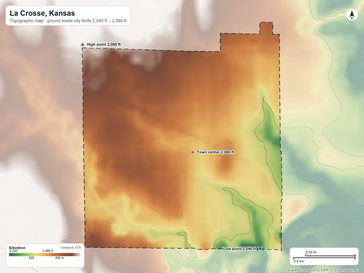 Topographic elevation map of La Crosse, Kansas, shaded from 2,040 ft on the southeast side to 2,080 ft on the northwest side
