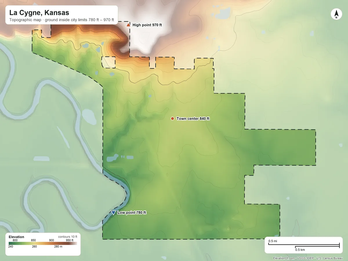 Topographic elevation map of La Cygne, Kansas, shaded from 780 ft on the southwest side to 970 ft on the northwest side