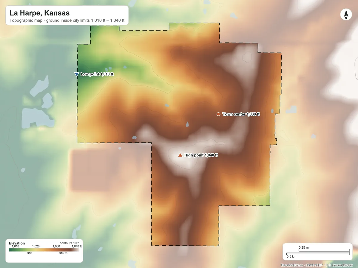 Topographic elevation map of La Harpe, Kansas, shaded from 1,010 ft on the west side to 1,040 ft on the southwest side