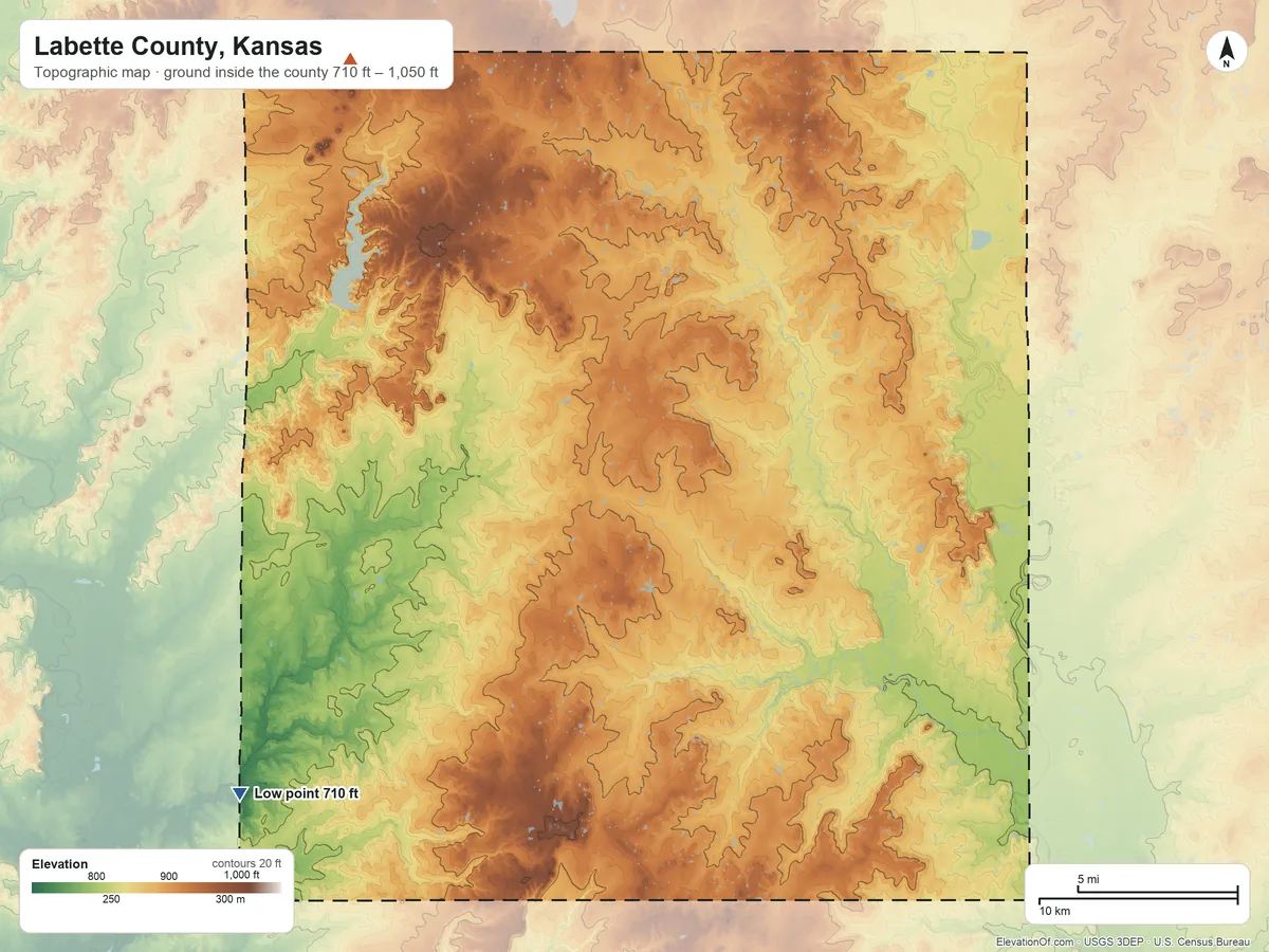 Topographic elevation map of Labette County, Kansas, shaded from 710 ft on the southwest side to 1,050 ft on the northwest side