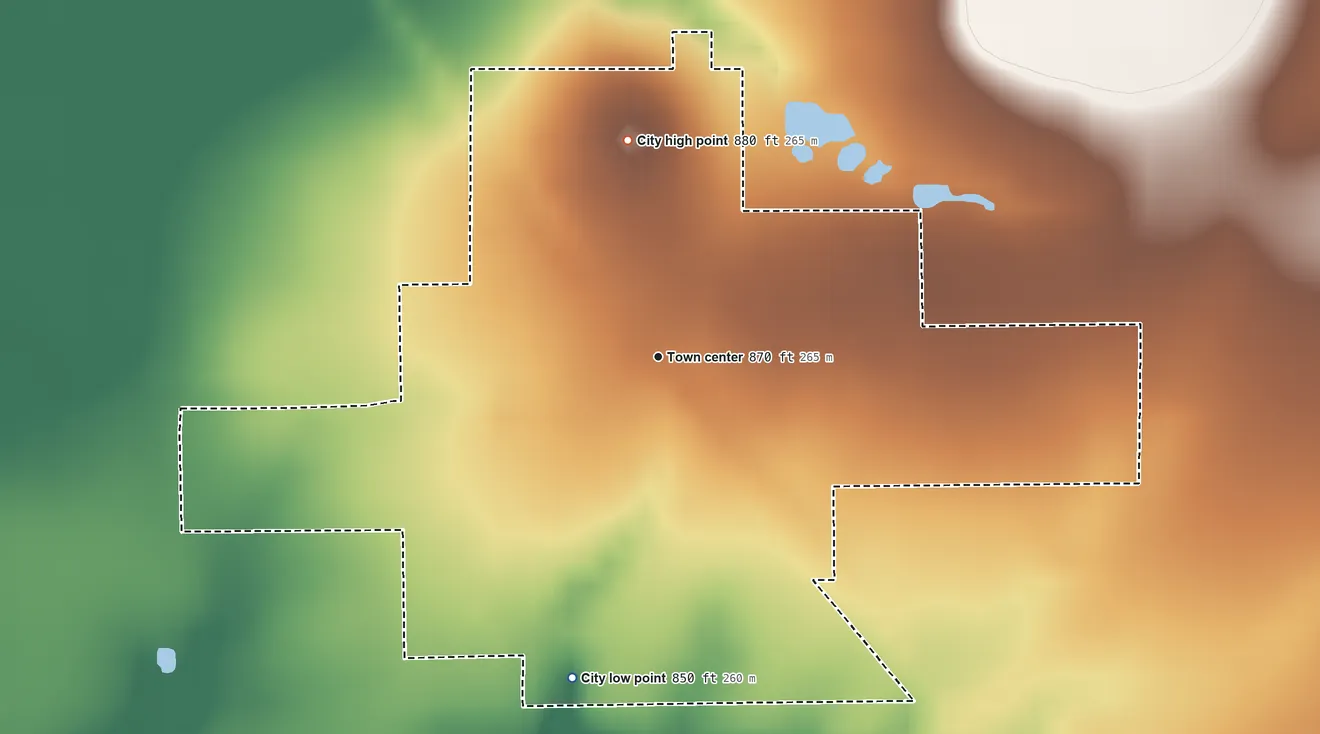 Topographic elevation map of Labette, Kansas, shaded from 850 ft on the south side to 880 ft on the north side