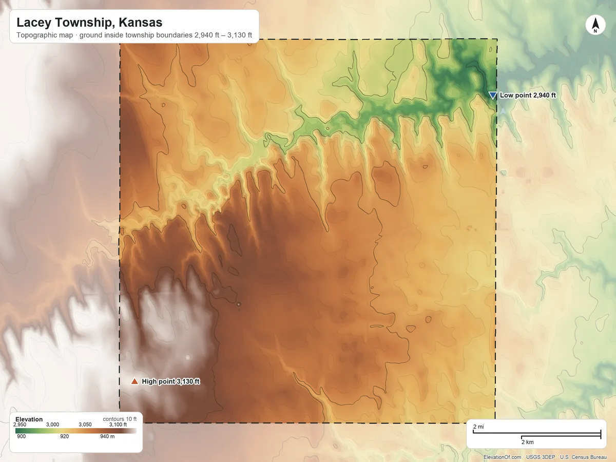 Topographic elevation map of Lacey Township, Kansas, shaded from 2,940 ft on the northeast side to 3,130 ft on the southwest side