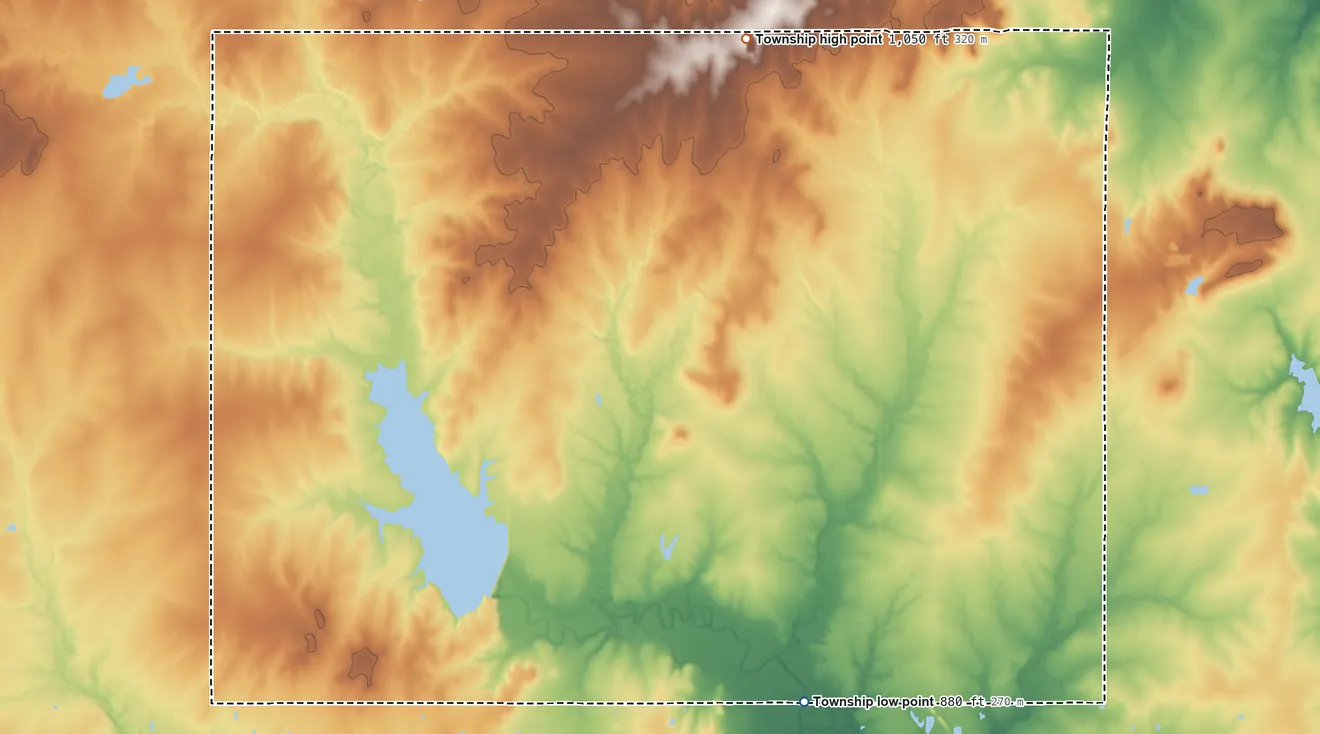 Topographic elevation map of Ladore Township, Kansas, shaded from 880 ft on the southeast side to 1,050 ft on the north side