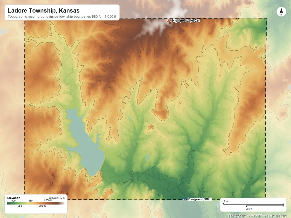 Topographic elevation map of Ladore Township, Kansas, shaded from 880 ft on the southeast side to 1,050 ft on the north side