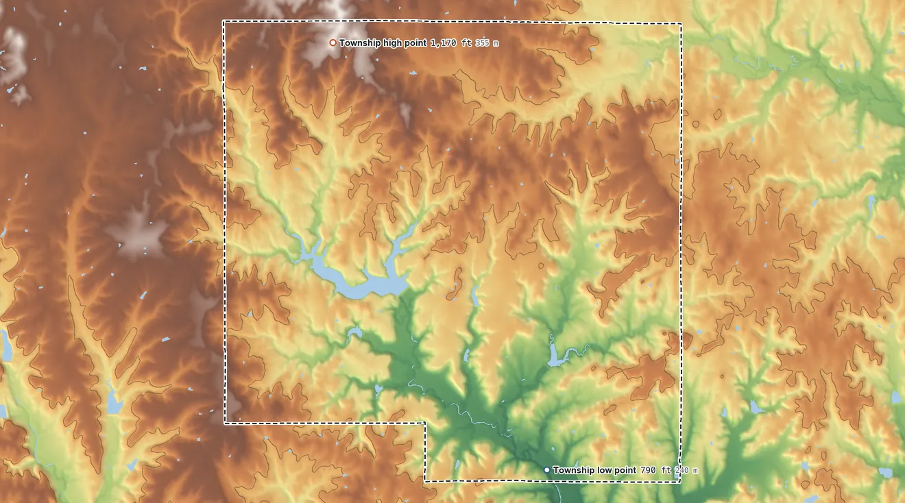 Topographic elevation map of Lafayette Township, Kansas, shaded from 790 ft on the south side to 1,170 ft on the northwest side