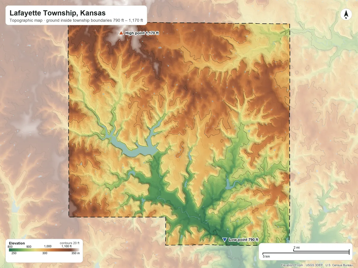 Topographic elevation map of Lafayette Township, Kansas, shaded from 790 ft on the south side to 1,170 ft on the northwest side