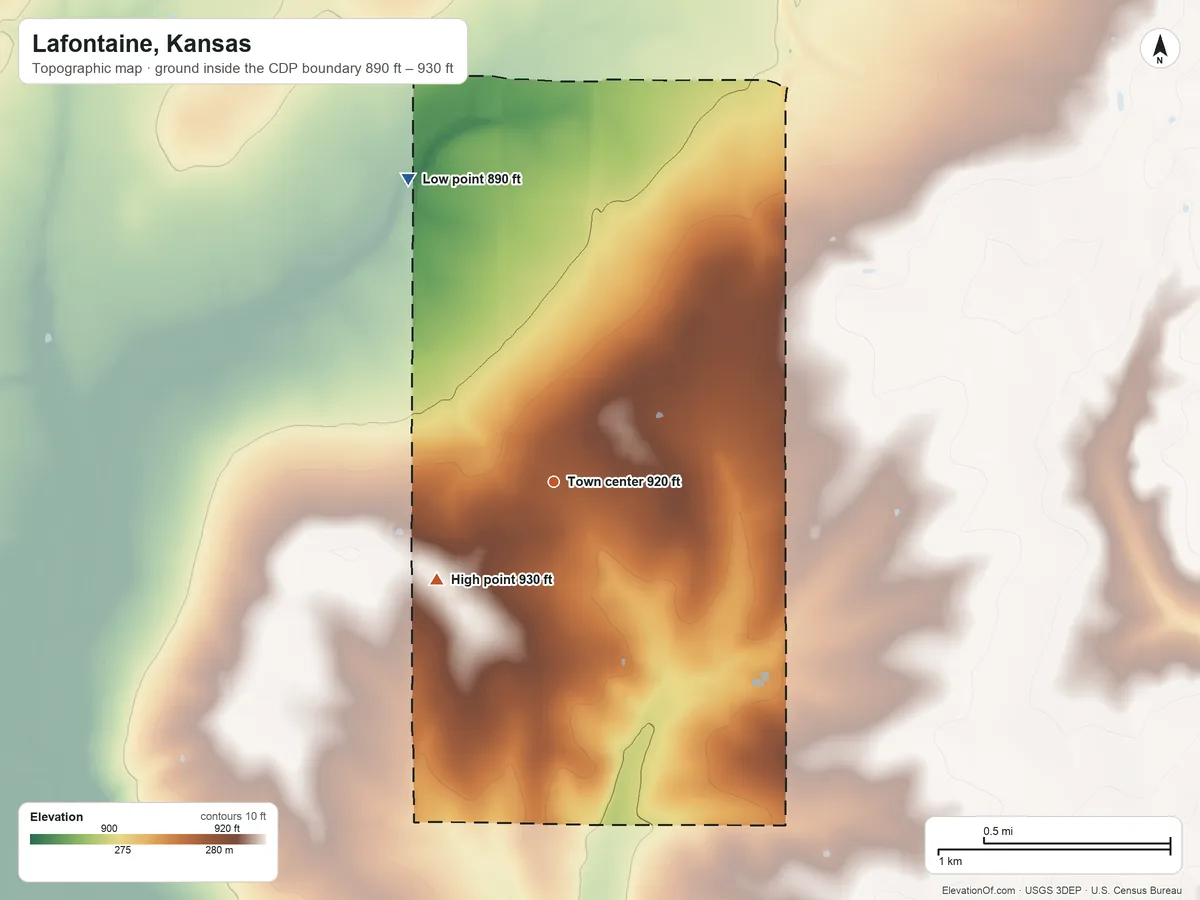 Topographic elevation map of Lafontaine, Kansas, shaded from 890 ft on the northwest side to 930 ft on the southwest side