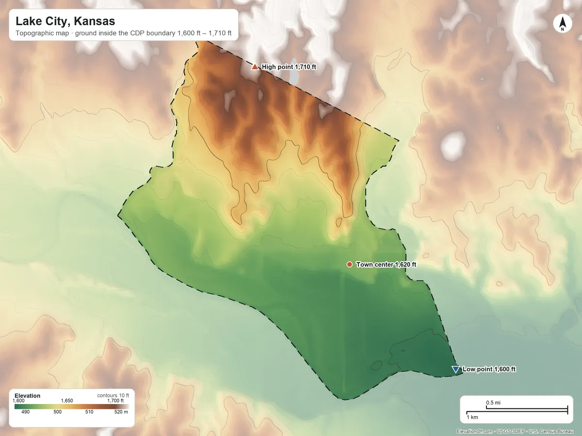 Topographic elevation map of Lake City, Kansas, shaded from 1,600 ft on the southeast side to 1,710 ft on the northwest side