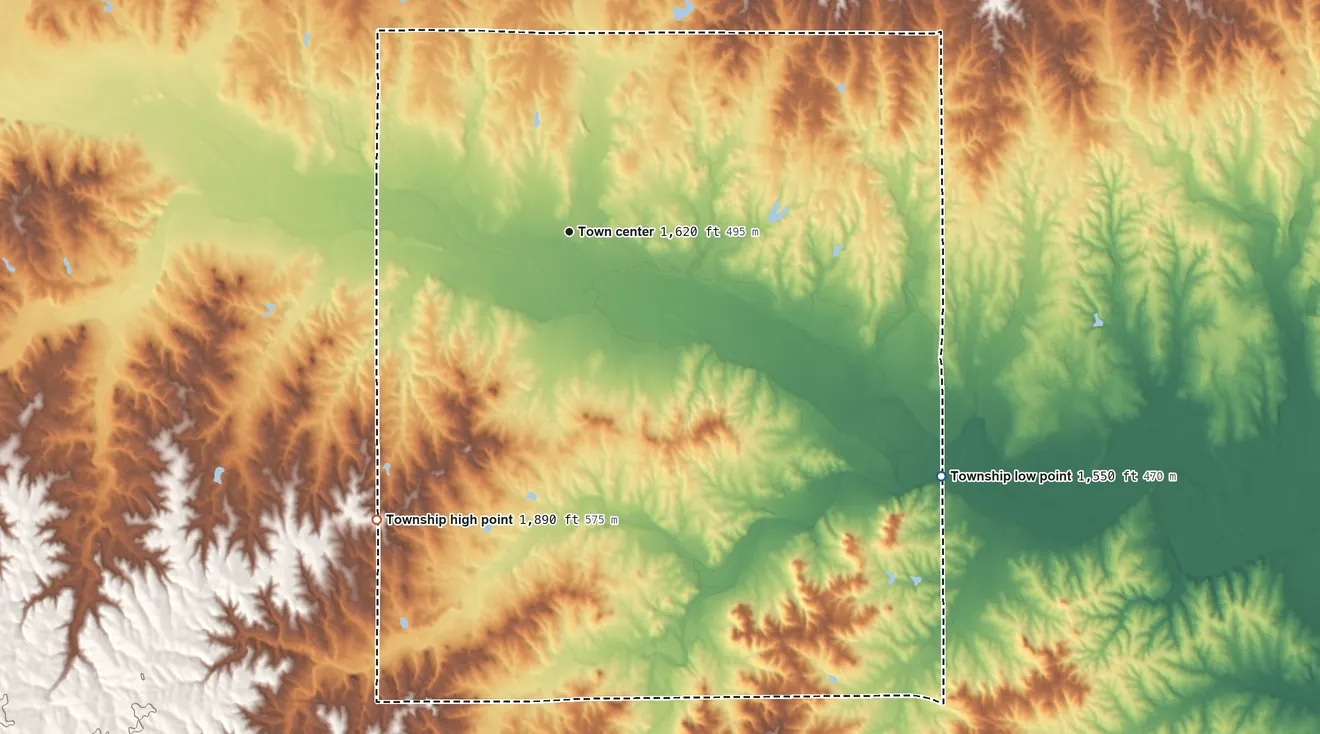 Topographic elevation map of Lake City Township, Kansas, shaded from 1,550 ft on the southeast side to 1,890 ft on the southwest side