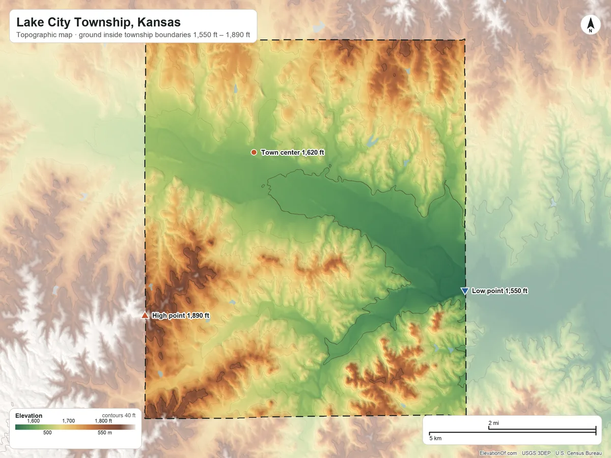 Topographic elevation map of Lake City Township, Kansas, shaded from 1,550 ft on the southeast side to 1,890 ft on the southwest side