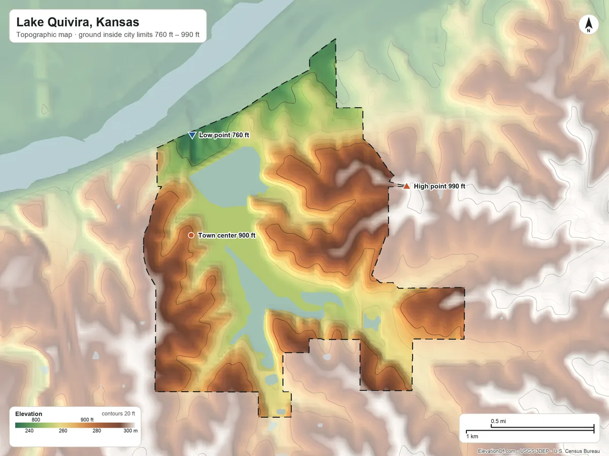 Topographic elevation map of Lake Quivira, Kansas, shaded from 760 ft on the north side to 990 ft on the east side