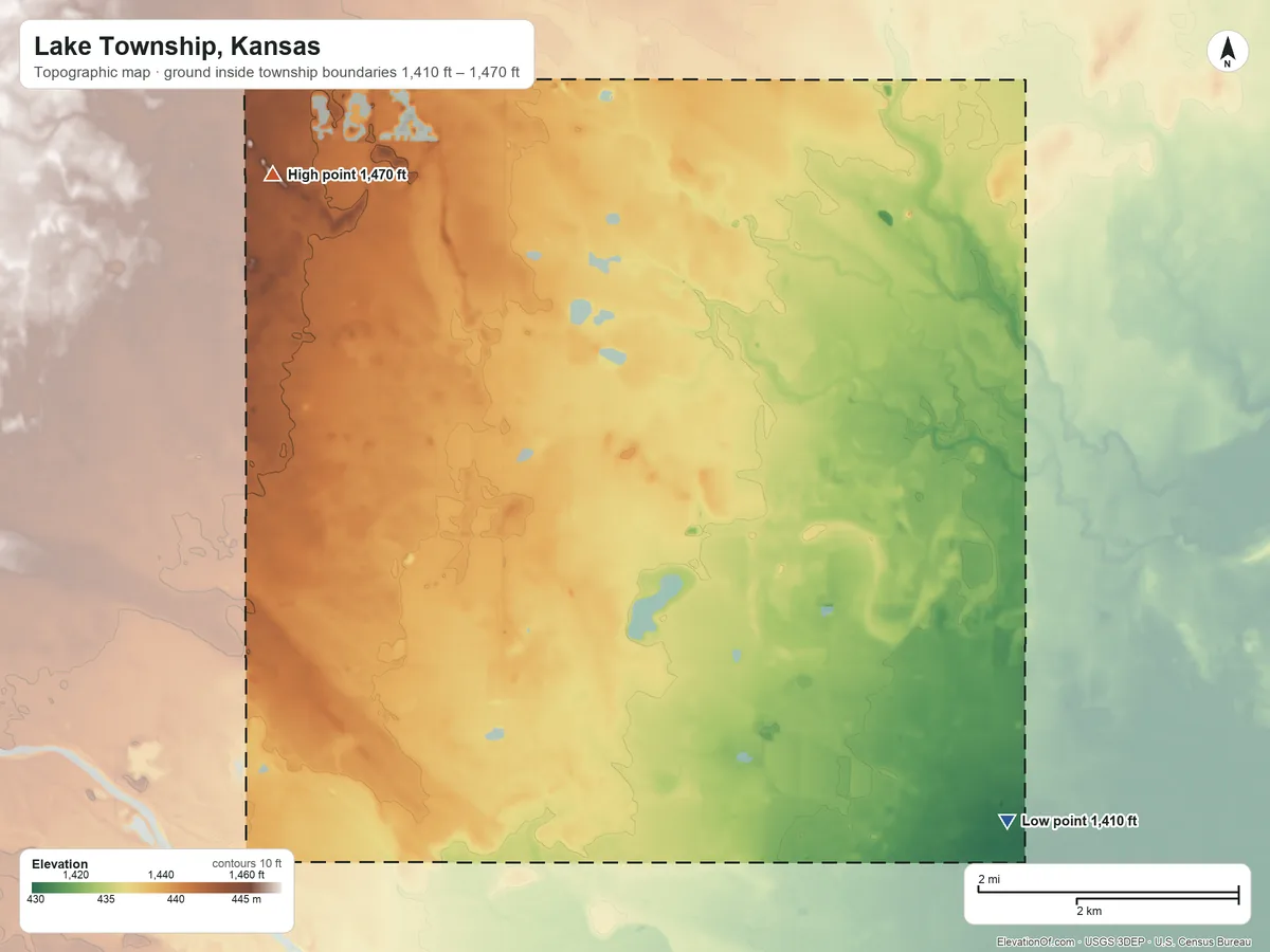 Topographic elevation map of Lake Township, Kansas, shaded from 1,410 ft on the southeast side to 1,470 ft on the northwest side