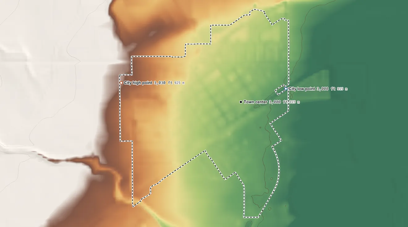 Topographic elevation map of Lakin, Kansas, shaded from 3,000 ft on the east side to 3,030 ft on the west side