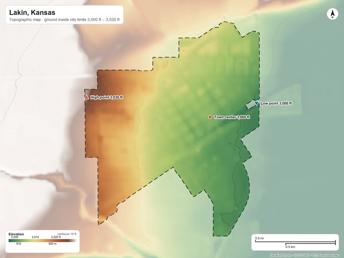 Topographic elevation map of Lakin, Kansas, shaded from 3,000 ft on the east side to 3,030 ft on the west side