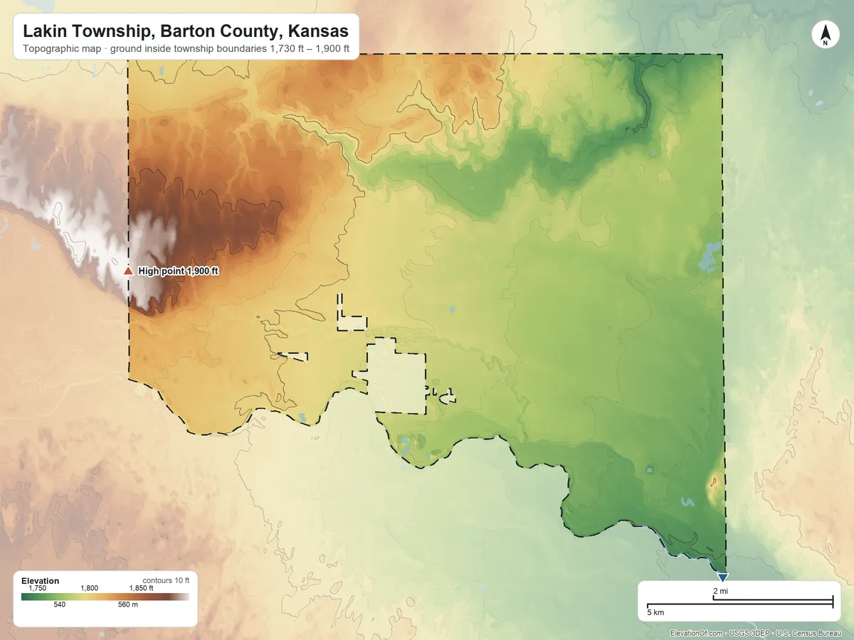 Topographic elevation map of Lakin Township, Barton County, Kansas, shaded from 1,730 ft on the southeast side to 1,900 ft on the west side