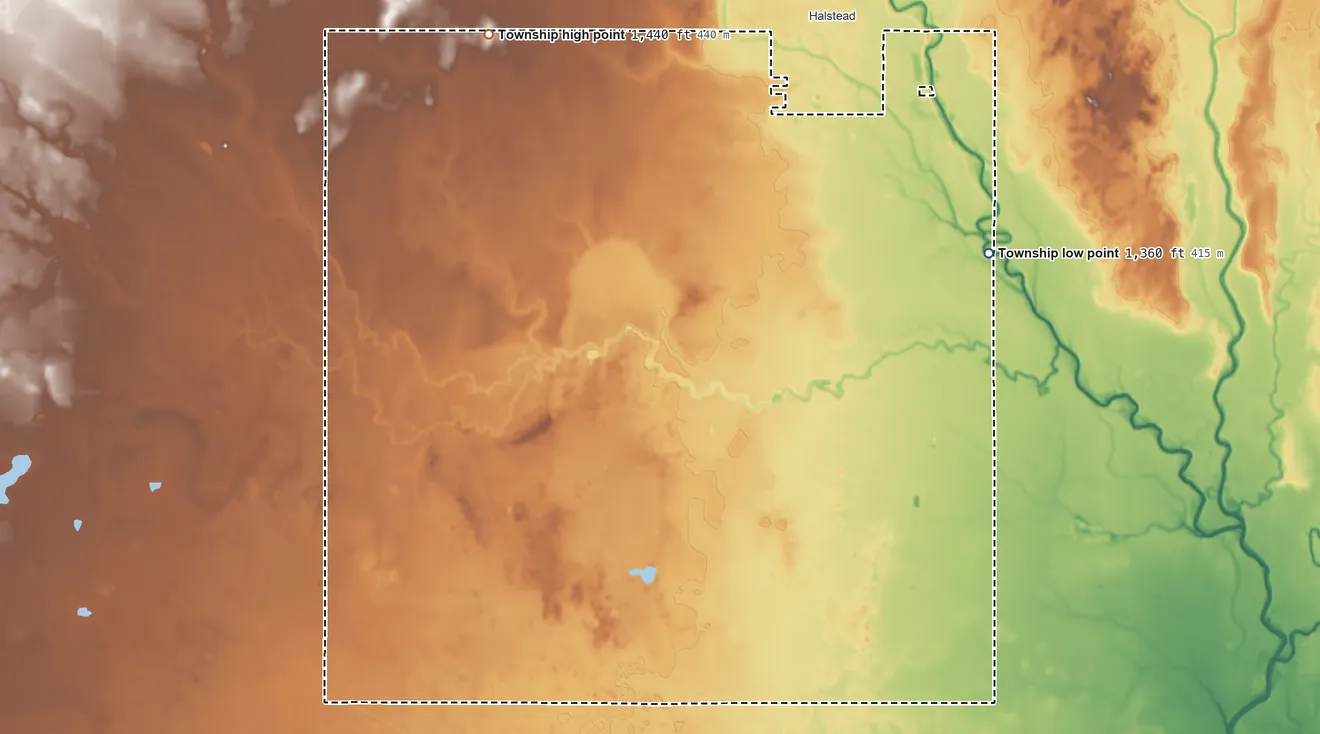 Topographic elevation map of Lakin Township, Harvey County, Kansas, shaded from 1,360 ft on the east side to 1,440 ft on the northwest side