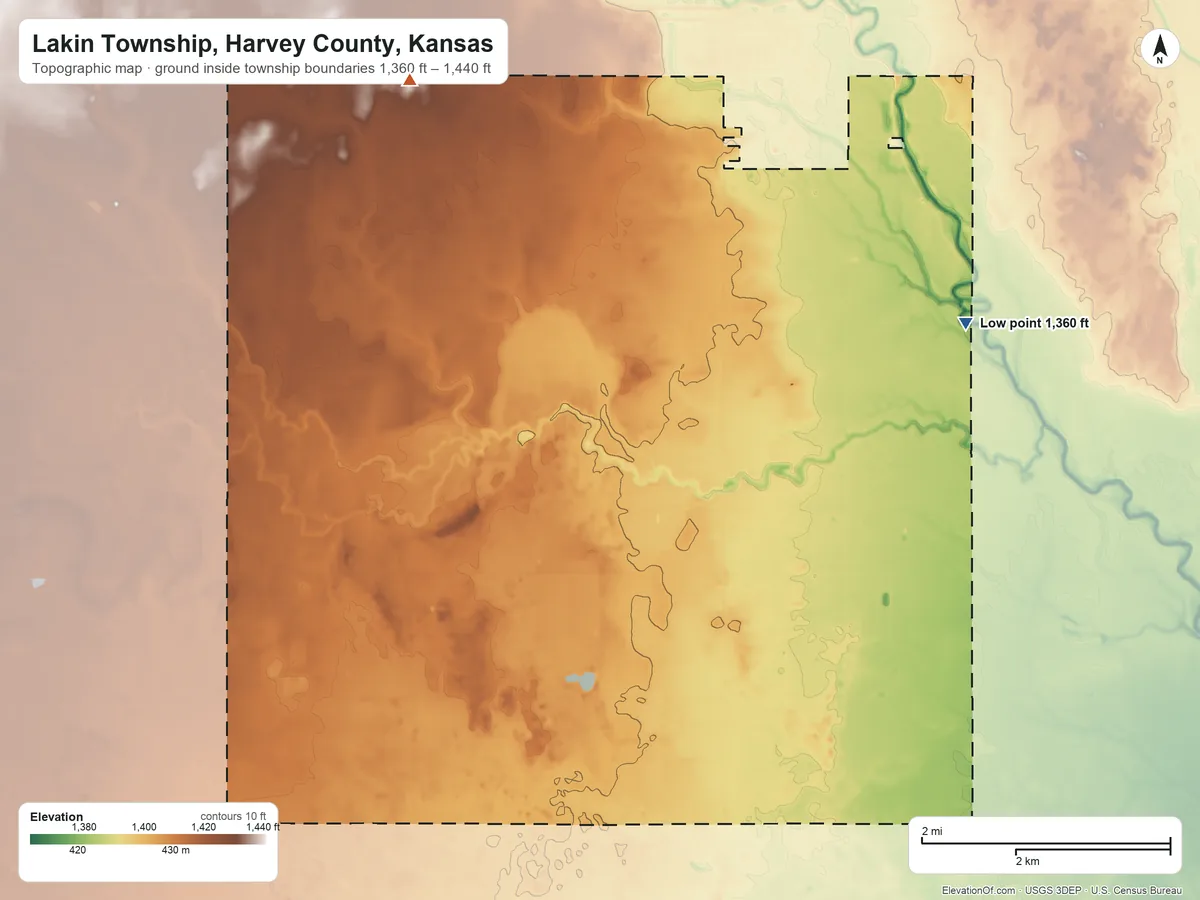 Topographic elevation map of Lakin Township, Harvey County, Kansas, shaded from 1,360 ft on the east side to 1,440 ft on the northwest side