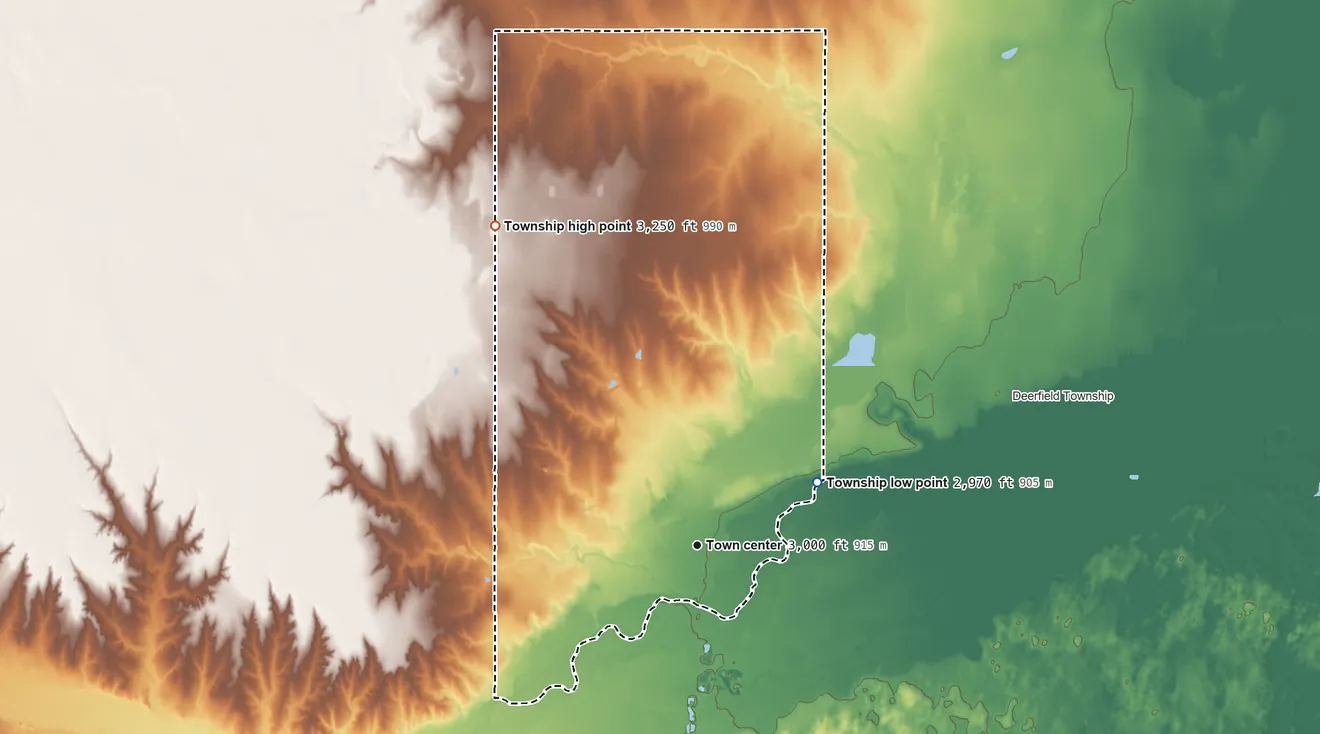 Topographic elevation map of Lakin Township, Kansas, shaded from 2,970 ft on the northeast side to 3,250 ft on the northwest side