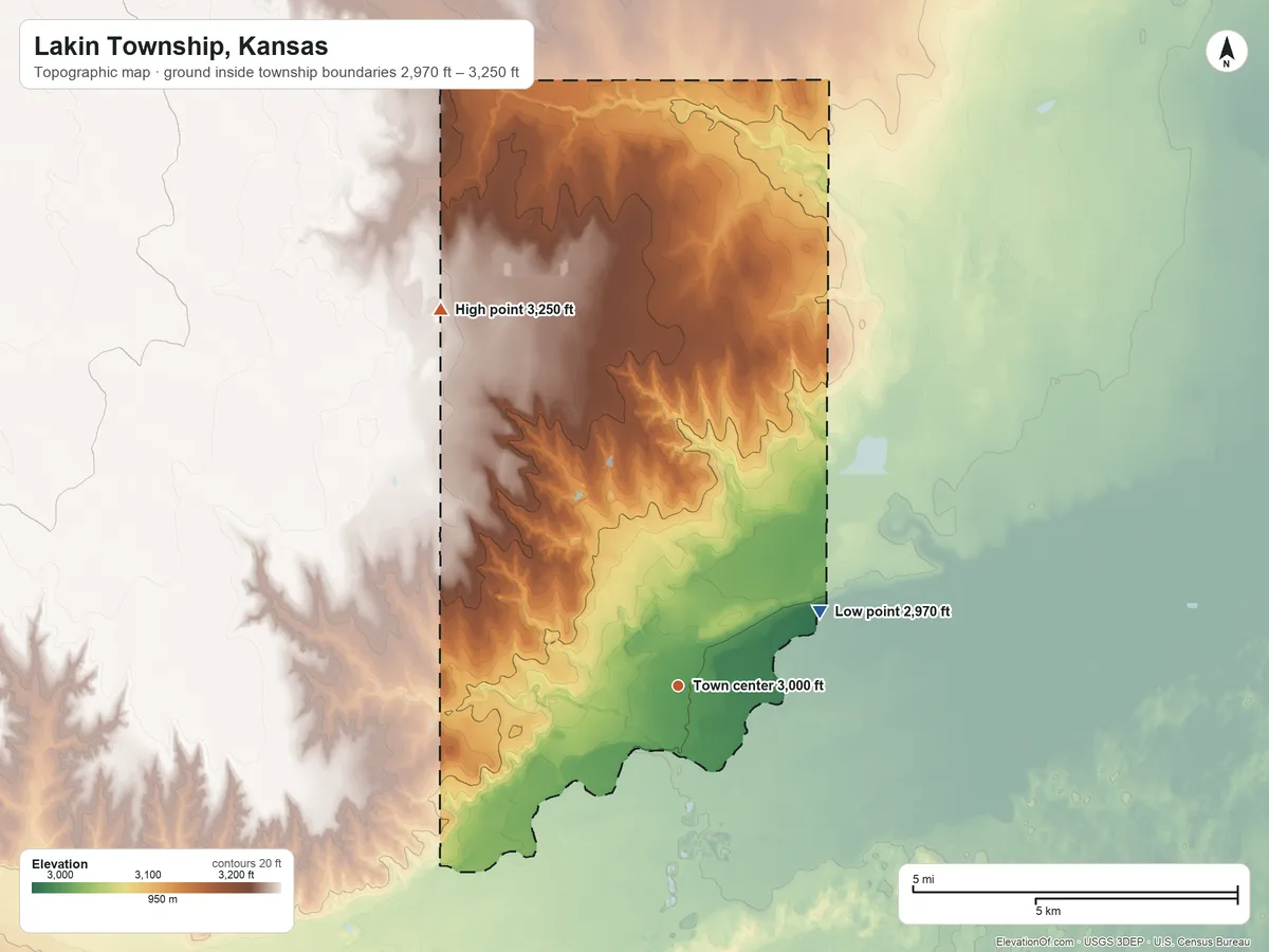 Topographic elevation map of Lakin Township, Kansas, shaded from 2,970 ft on the northeast side to 3,250 ft on the northwest side