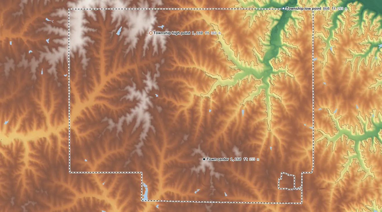 Topographic elevation map of Lancaster Township, Kansas, shaded from 860 ft on the northeast side to 1,180 ft on the northwest side