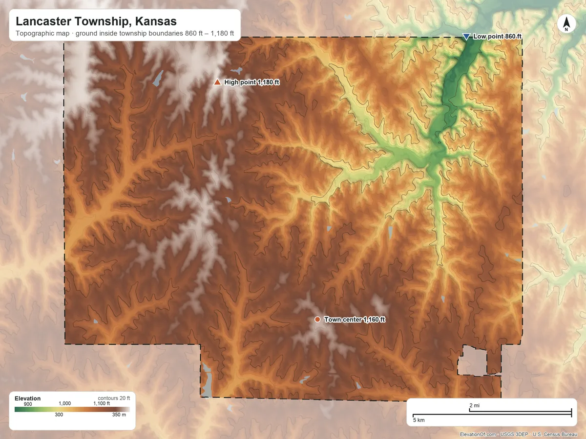 Topographic elevation map of Lancaster Township, Kansas, shaded from 860 ft on the northeast side to 1,180 ft on the northwest side