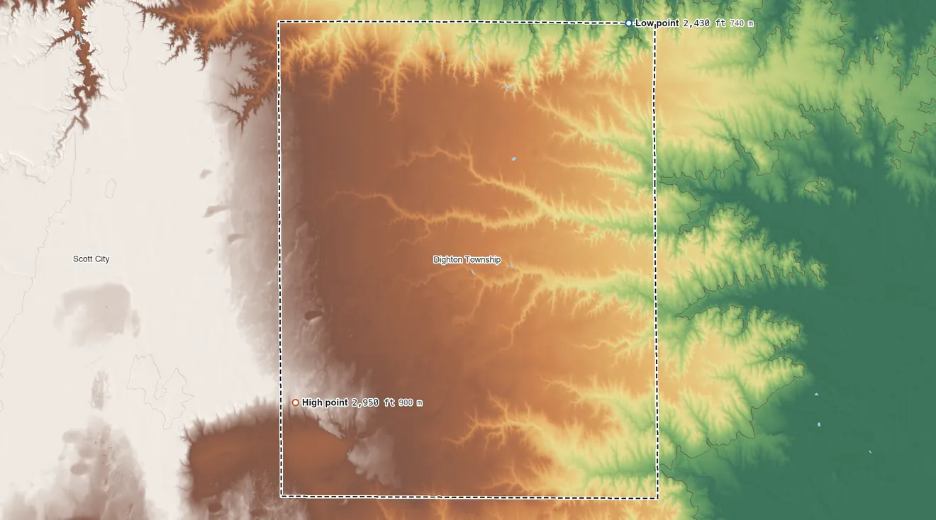Topographic elevation map of Lane County, Kansas, shaded from 2,430 ft on the northeast side to 2,950 ft on the southwest side