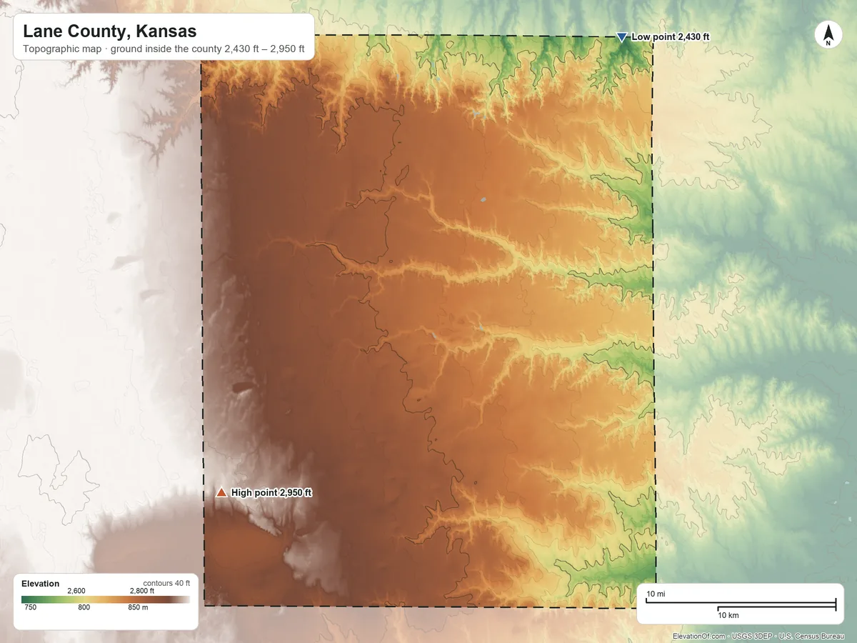 Topographic elevation map of Lane County, Kansas, shaded from 2,430 ft on the northeast side to 2,950 ft on the southwest side