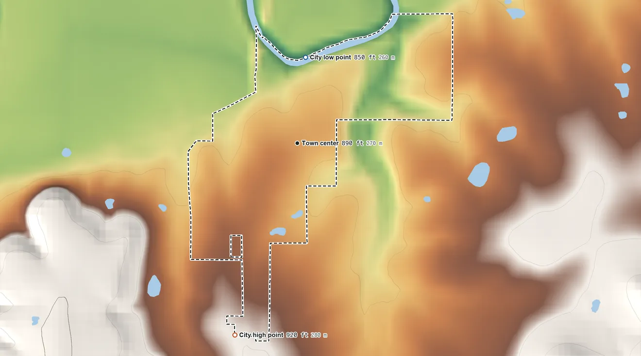 Topographic elevation map of Lane, Kansas, shaded from 850 ft on the north side to 920 ft on the south side