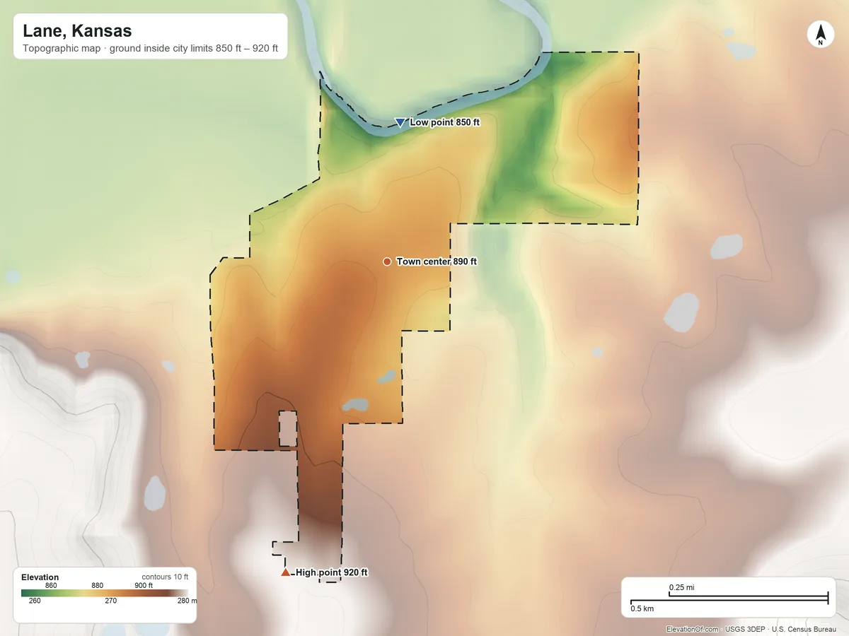 Topographic elevation map of Lane, Kansas, shaded from 850 ft on the north side to 920 ft on the south side