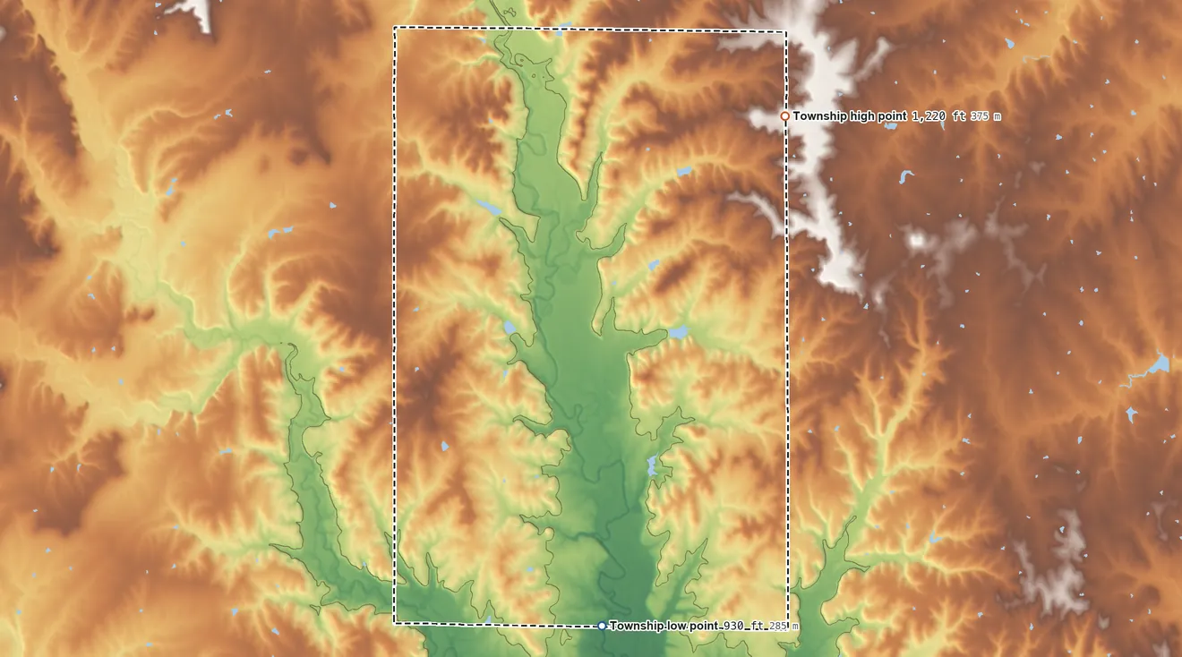 Topographic elevation map of Lane Township, Greenwood County, Kansas, shaded from 930 ft on the south side to 1,220 ft on the northeast side