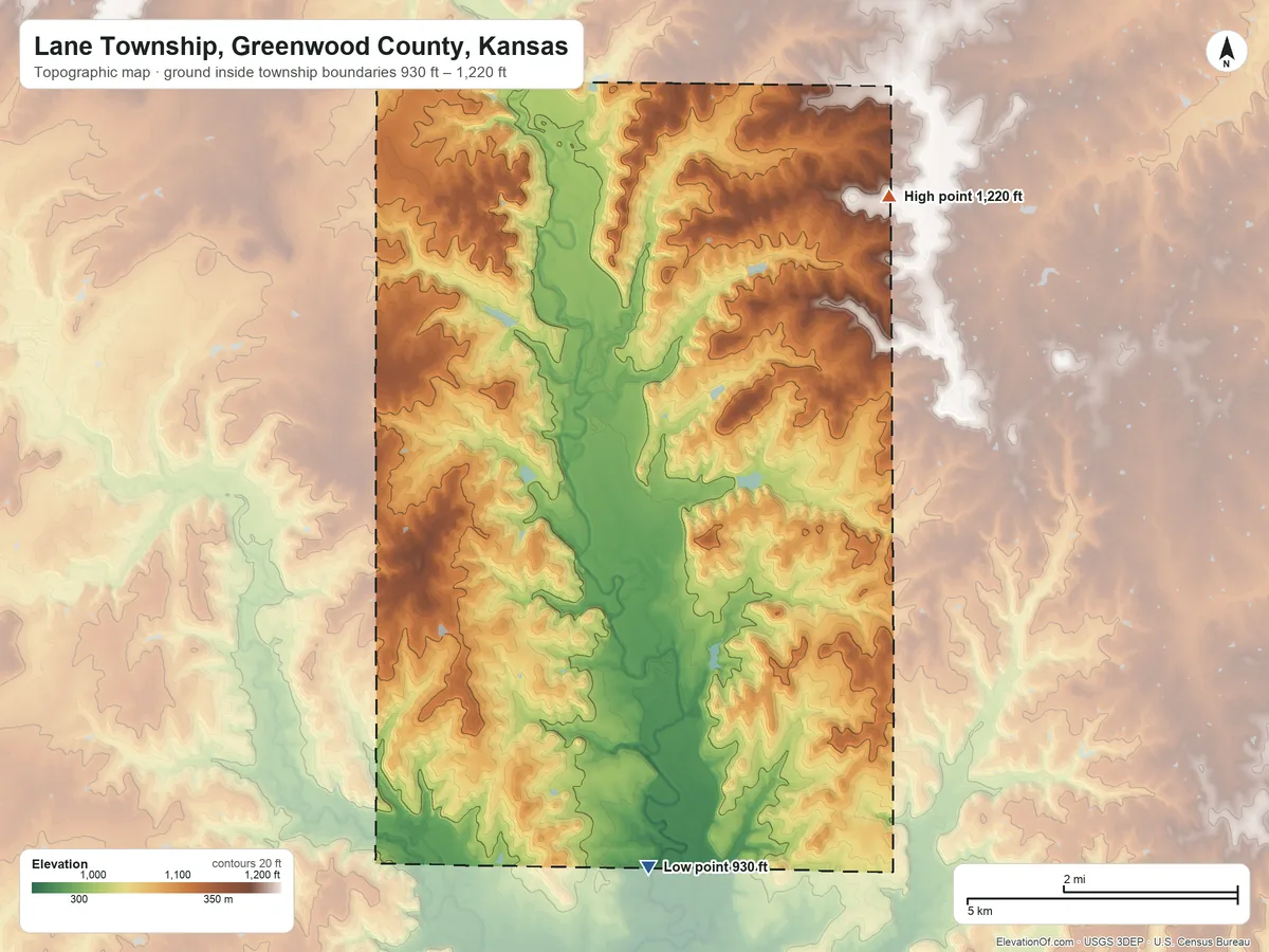 Topographic elevation map of Lane Township, Greenwood County, Kansas, shaded from 930 ft on the south side to 1,220 ft on the northeast side
