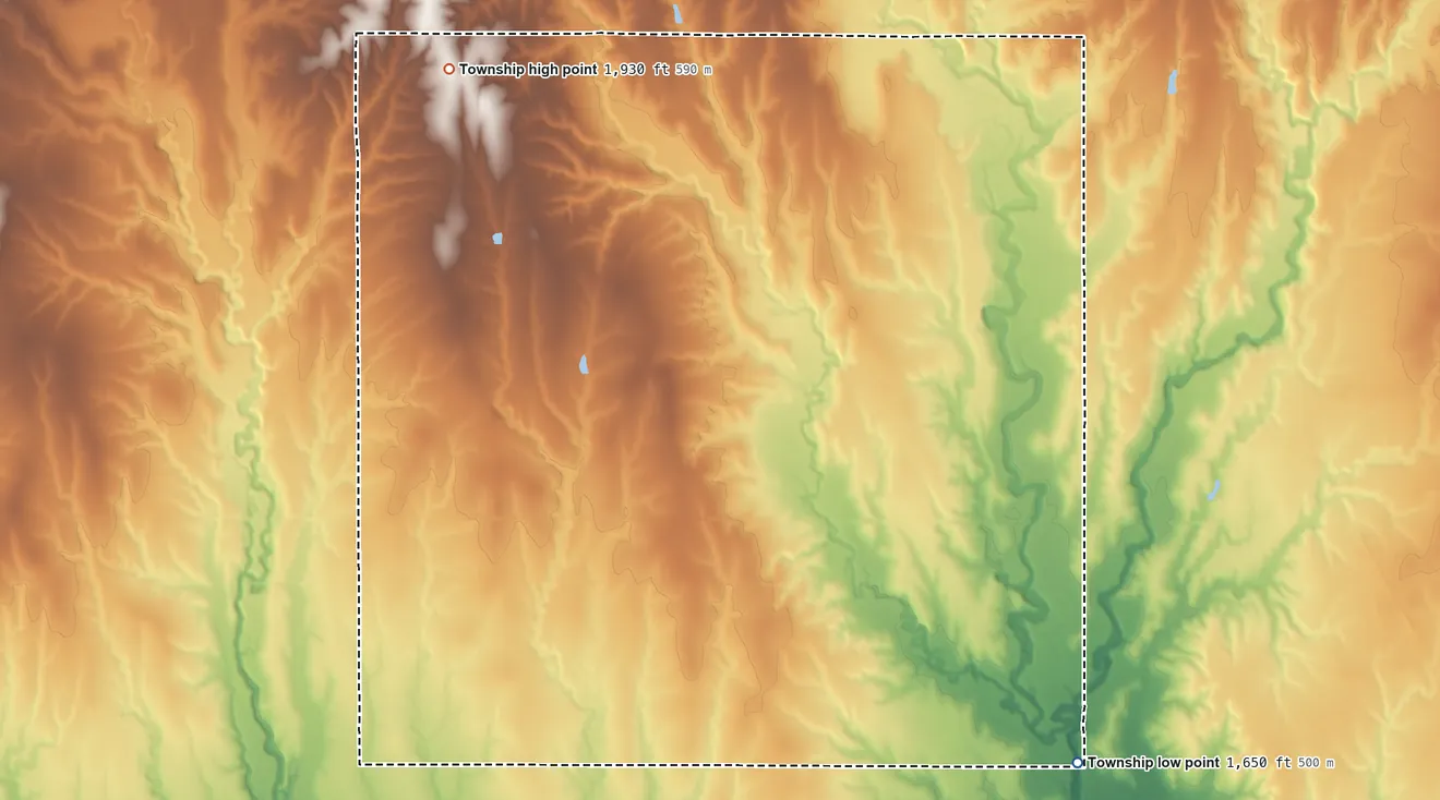 Topographic elevation map of Lane Township, Kansas, shaded from 1,650 ft on the east side to 1,930 ft on the north side