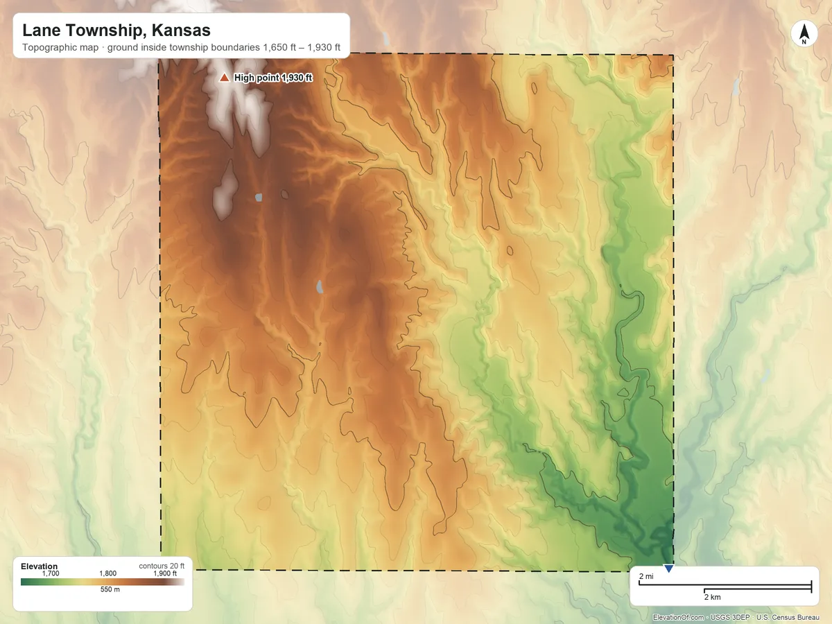 Topographic elevation map of Lane Township, Kansas, shaded from 1,650 ft on the east side to 1,930 ft on the north side