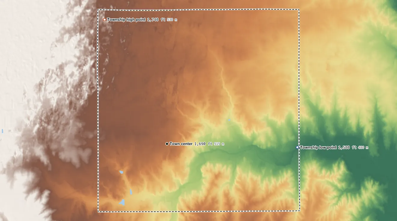Topographic elevation map of Langdon Township, Kansas, shaded from 1,580 ft on the east side to 1,740 ft on the northwest side