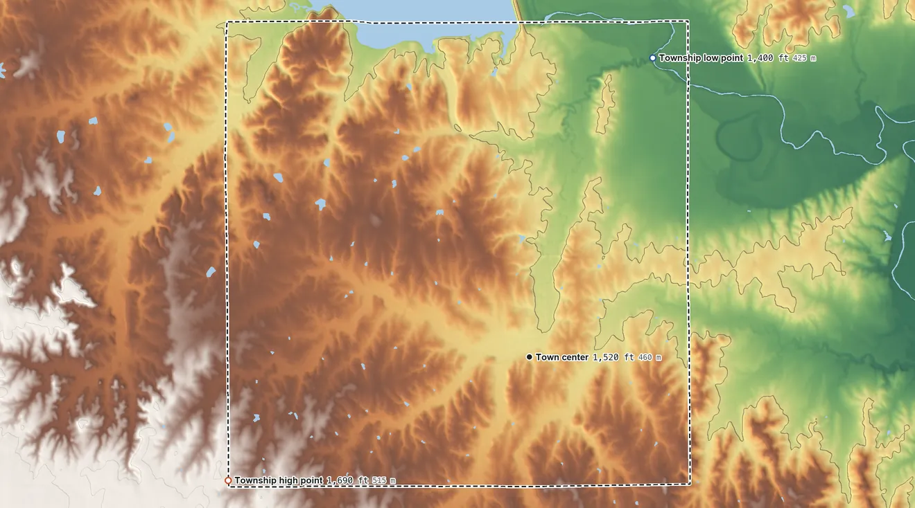 Topographic elevation map of Langley Township, Kansas, shaded from 1,400 ft on the north side to 1,690 ft on the west side
