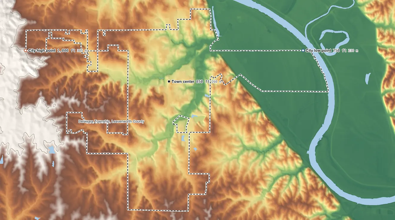 Topographic elevation map of Lansing, Kansas, shaded from 750 ft on the east side to 1,000 ft on the west side