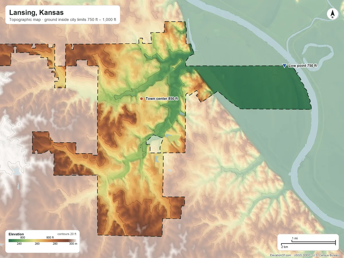 Topographic elevation map of Lansing, Kansas, shaded from 750 ft on the east side to 1,000 ft on the west side